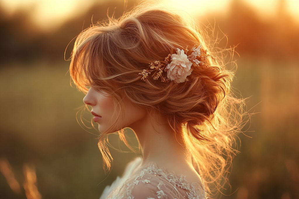 Coiffure bohème romantique avec fleur, idéale pour mariage champêtre