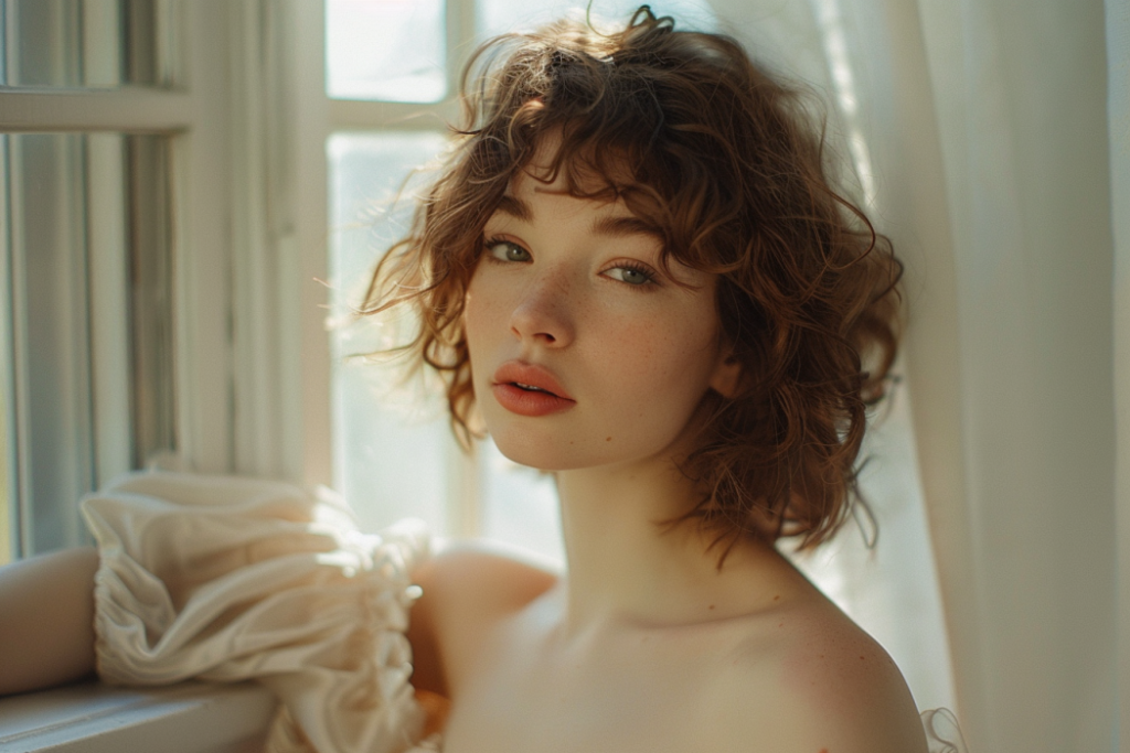 Coiffure bouclée naturelle à la lumière douce pour portrait artistique