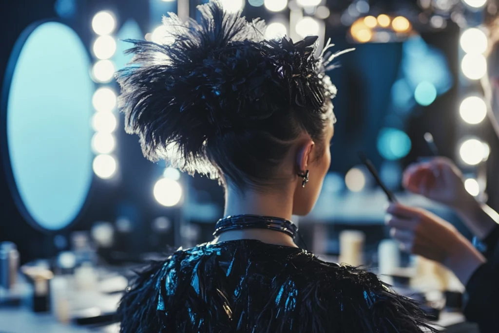 Coiffure haute couture avec accessoire plume pour défilé