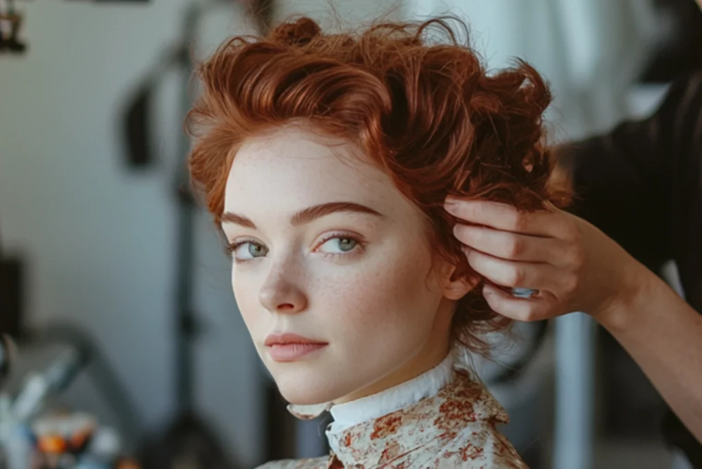 Coiffure éditoriale sur modèle rousse en préparation shooting
