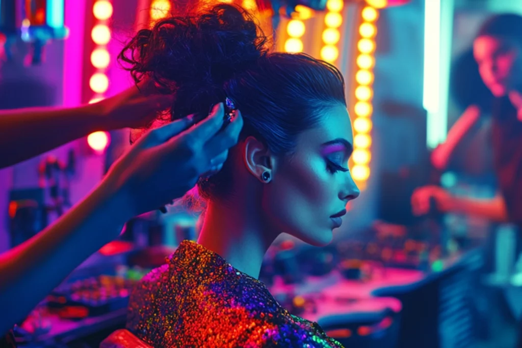 Coiffure scénique avec maquillage fluo en préparation backstage
