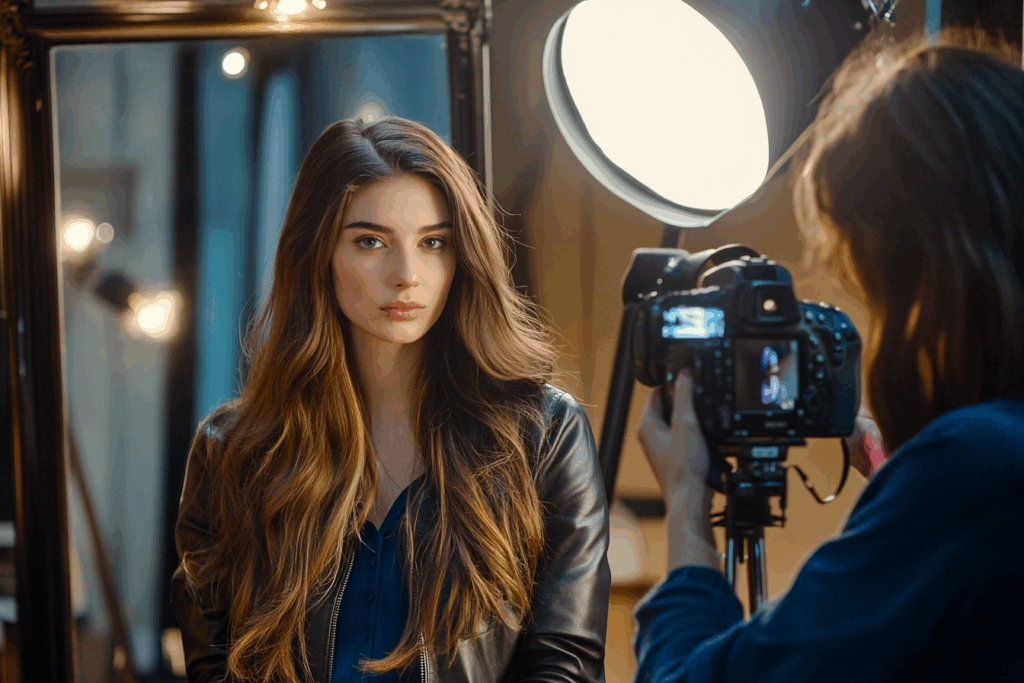 Modèle coiffée pour un shooting mode en studio avec lumière professionnelle