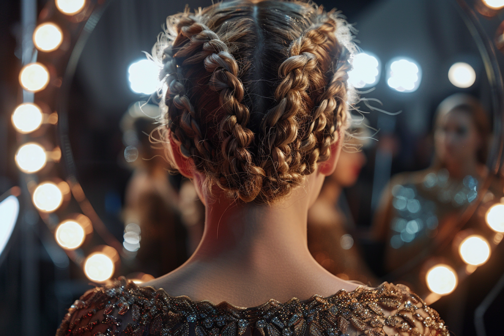 Tresses croisées baroques en préparation spectacle ou shooting